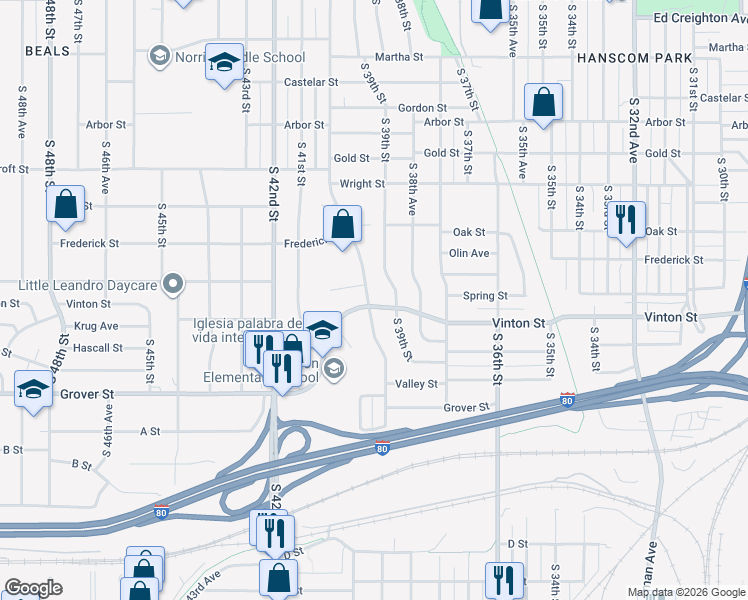 map of restaurants, bars, coffee shops, grocery stores, and more near in Omaha