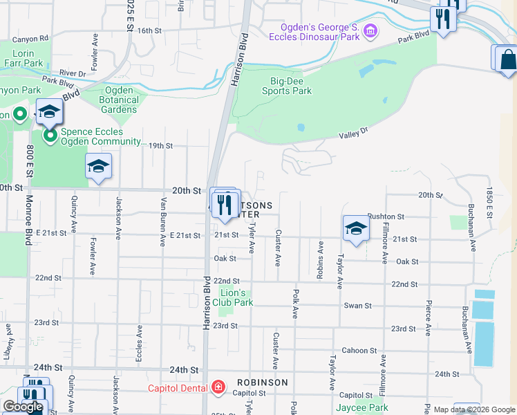 map of restaurants, bars, coffee shops, grocery stores, and more near 1312 East 2025 South in Ogden