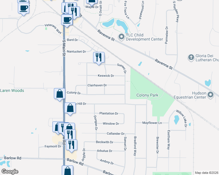 map of restaurants, bars, coffee shops, grocery stores, and more near 123 Clairhaven Drive in Hudson