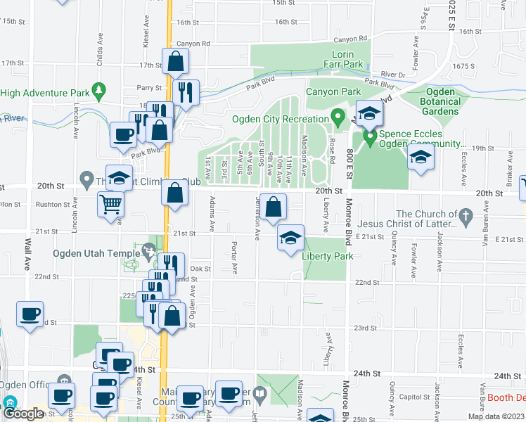 map of restaurants, bars, coffee shops, grocery stores, and more near 2040 Jefferson Avenue in Ogden