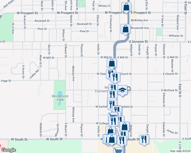 map of restaurants, bars, coffee shops, grocery stores, and more near 200-232 West Church Street in Kewanee