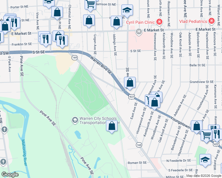 map of restaurants, bars, coffee shops, grocery stores, and more near 1178 Youngstown Road Southeast in Warren