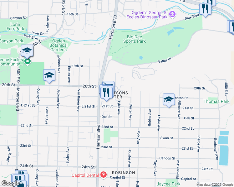 map of restaurants, bars, coffee shops, grocery stores, and more near 2025 Tyler View Way in Ogden