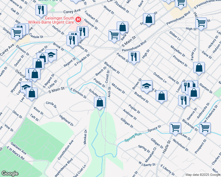map of restaurants, bars, coffee shops, grocery stores, and more near 76 Arch Street in Wilkes-Barre