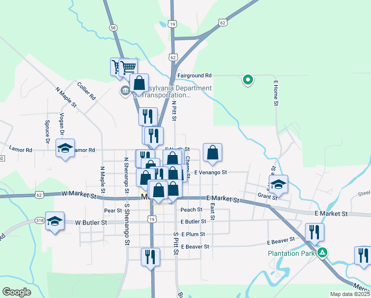 map of restaurants, bars, coffee shops, grocery stores, and more near 252-400 East North Street in Mercer