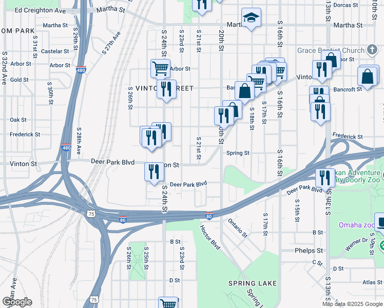 map of restaurants, bars, coffee shops, grocery stores, and more near 3110 South 21st Street in Omaha