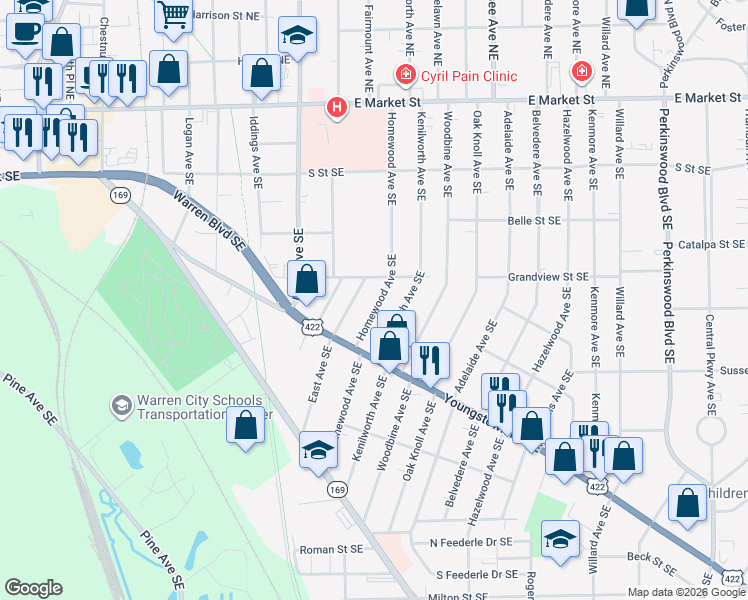 map of restaurants, bars, coffee shops, grocery stores, and more near 766 Homewood Avenue Southeast in Warren