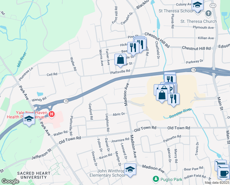 map of restaurants, bars, coffee shops, grocery stores, and more near 21 Fieldstone Court in Trumbull