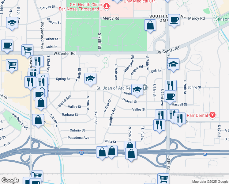 map of restaurants, bars, coffee shops, grocery stores, and more near 7621 Spring Street in Omaha