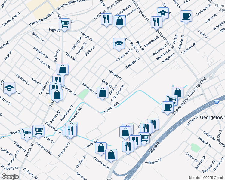 map of restaurants, bars, coffee shops, grocery stores, and more near Kent Lane in Wilkes-Barre