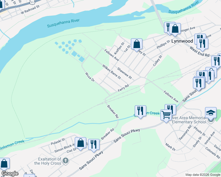 map of restaurants, bars, coffee shops, grocery stores, and more near 582 Nanticoke Street in Wilkes-Barre