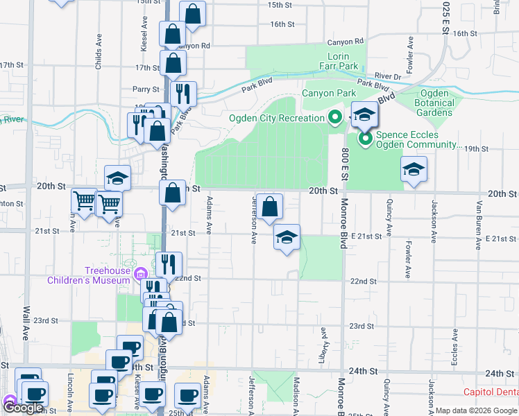 map of restaurants, bars, coffee shops, grocery stores, and more near 2022 Jefferson Avenue in Ogden