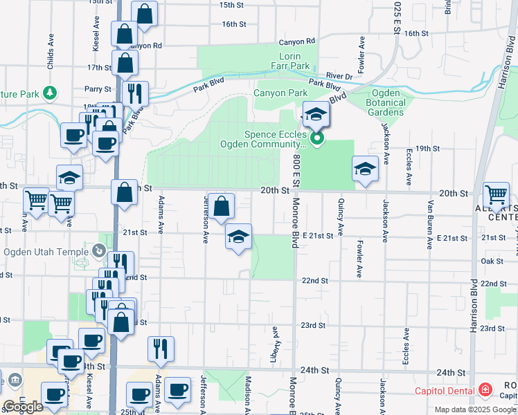 map of restaurants, bars, coffee shops, grocery stores, and more near 2018 Madison Avenue in Ogden