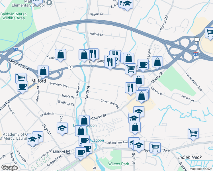 map of restaurants, bars, coffee shops, grocery stores, and more near 135 Sunnyside Court in Milford
