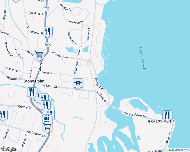 map of restaurants, bars, coffee shops, grocery stores, and more near 74 Beach Road in Stony Point