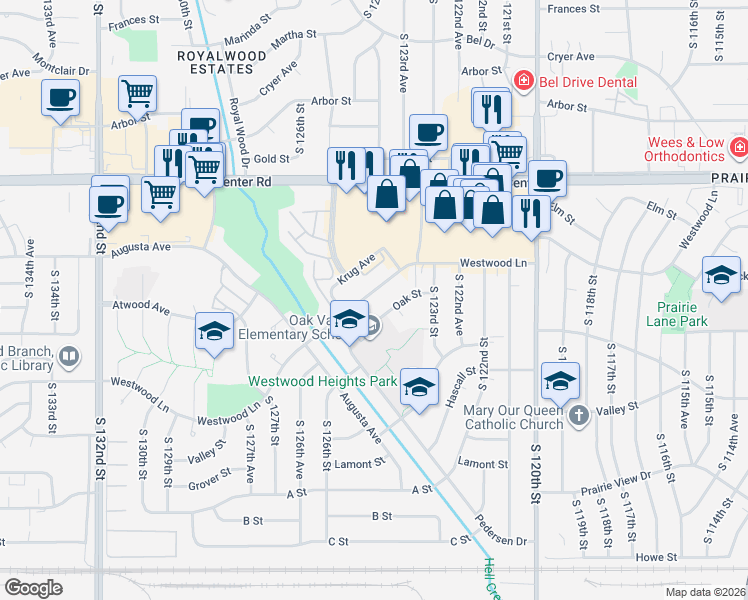 map of restaurants, bars, coffee shops, grocery stores, and more near 12434 Westwood Lane in Omaha