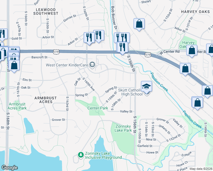 map of restaurants, bars, coffee shops, grocery stores, and more near 3005 South 159th Avenue Circle in Omaha