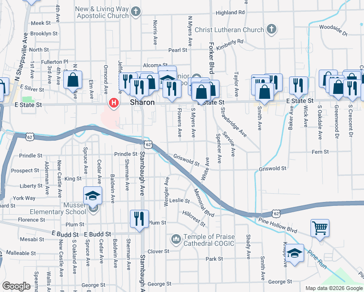 map of restaurants, bars, coffee shops, grocery stores, and more near 173 Flowers Avenue in Sharon