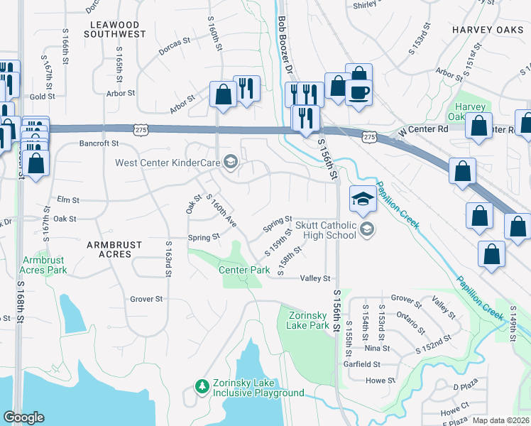 map of restaurants, bars, coffee shops, grocery stores, and more near 3005 South 159th Avenue Circle in Omaha