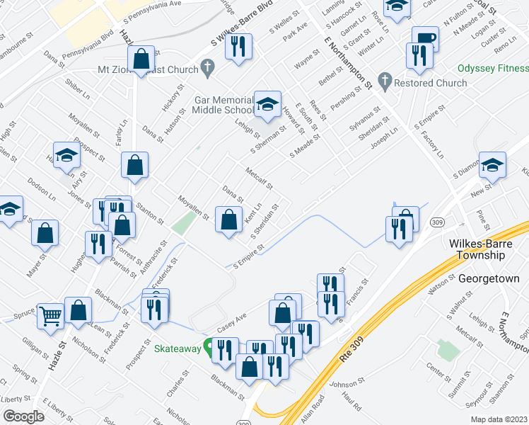 map of restaurants, bars, coffee shops, grocery stores, and more near 462 Dana Street in Wilkes-Barre