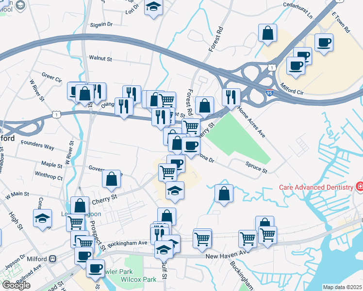 map of restaurants, bars, coffee shops, grocery stores, and more near 230 Cherry Street in Milford