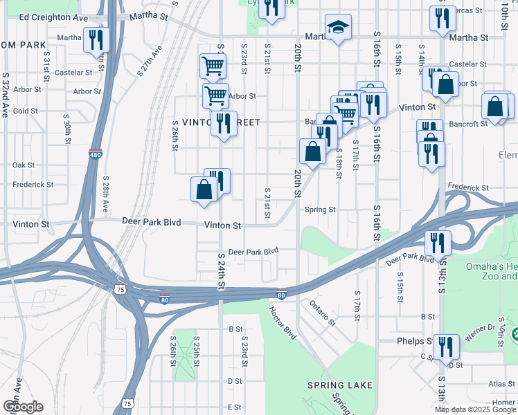 map of restaurants, bars, coffee shops, grocery stores, and more near 3115 South 22nd Street in Omaha