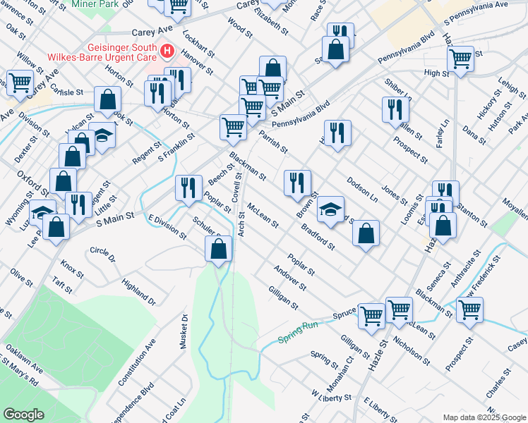 map of restaurants, bars, coffee shops, grocery stores, and more near 90 McLean Street in Wilkes-Barre
