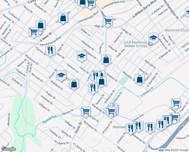 map of restaurants, bars, coffee shops, grocery stores, and more near 39 Essex Lane in Wilkes-Barre