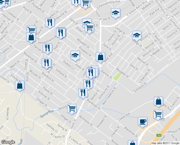 map of restaurants, bars, coffee shops, grocery stores, and more near 39 Essex Lane in Wilkes-Barre