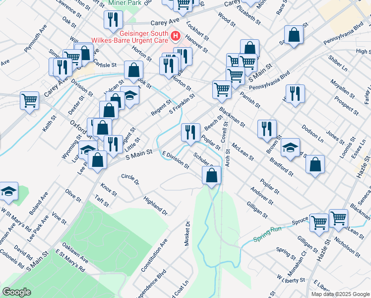 map of restaurants, bars, coffee shops, grocery stores, and more near 15 Vine Street in Wilkes-Barre
