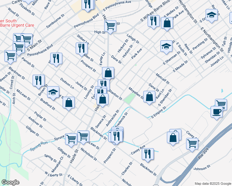 map of restaurants, bars, coffee shops, grocery stores, and more near 346 Stanton Street in Wilkes-Barre