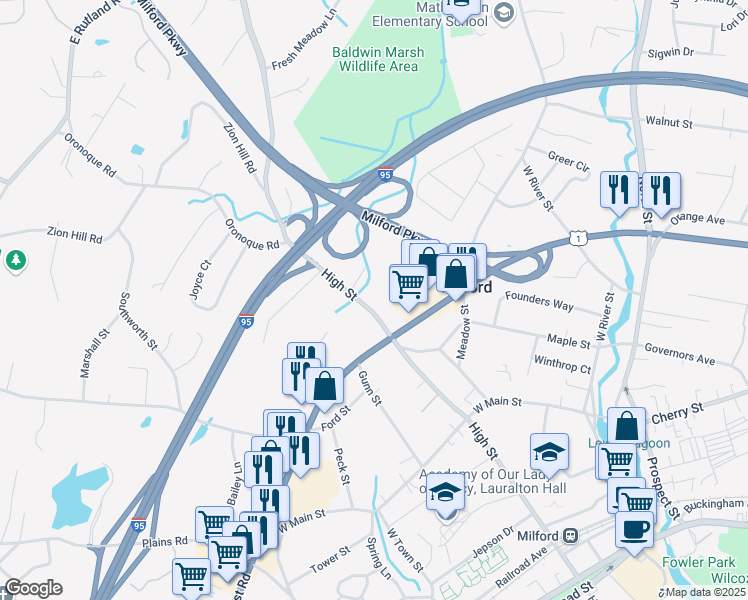 map of restaurants, bars, coffee shops, grocery stores, and more near 415 High Street in Milford