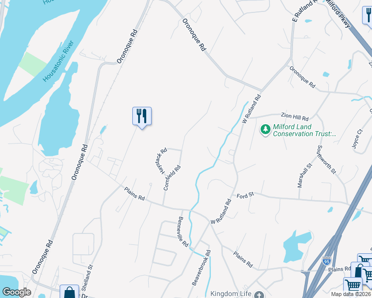 map of restaurants, bars, coffee shops, grocery stores, and more near 122 Cornfield Road in Milford