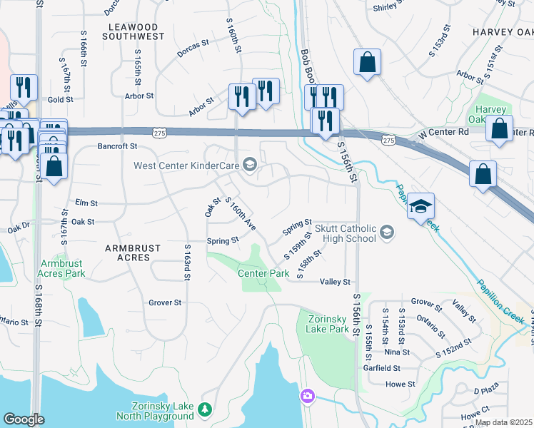map of restaurants, bars, coffee shops, grocery stores, and more near 3028 South 159th Avenue Circle in Omaha