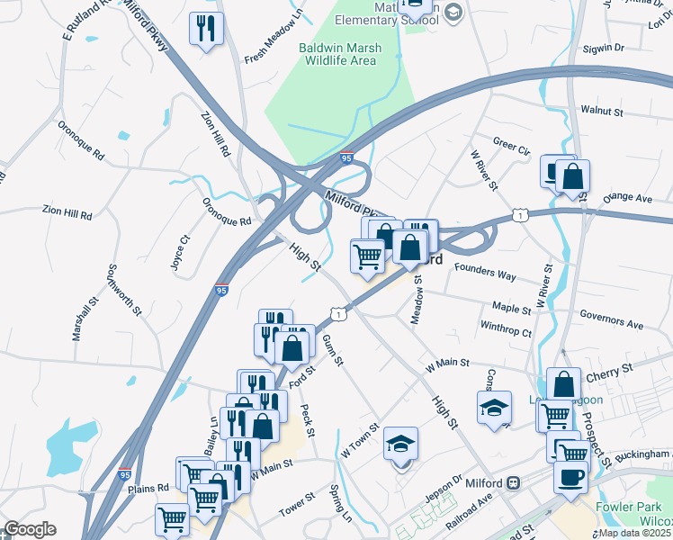 map of restaurants, bars, coffee shops, grocery stores, and more near 415 High Street in Milford