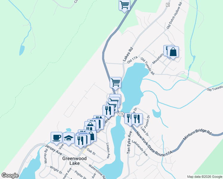 map of restaurants, bars, coffee shops, grocery stores, and more near 1201 New York 17A in Greenwood Lake