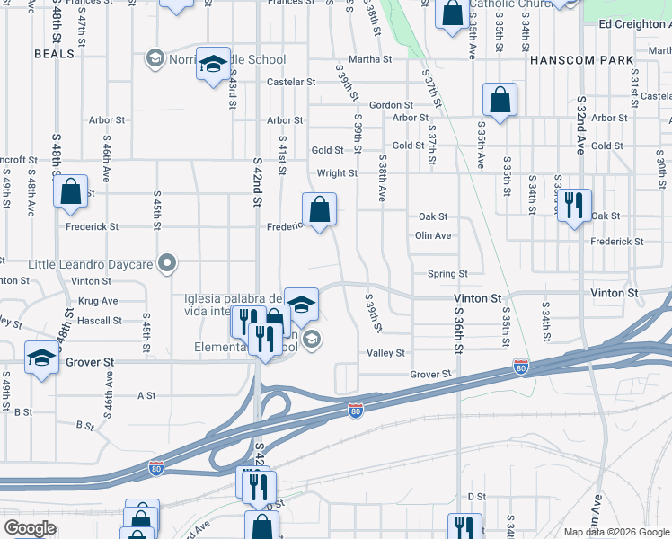 map of restaurants, bars, coffee shops, grocery stores, and more near in Omaha