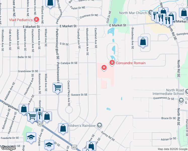 map of restaurants, bars, coffee shops, grocery stores, and more near 677 Eastland Avenue Southeast in Warren