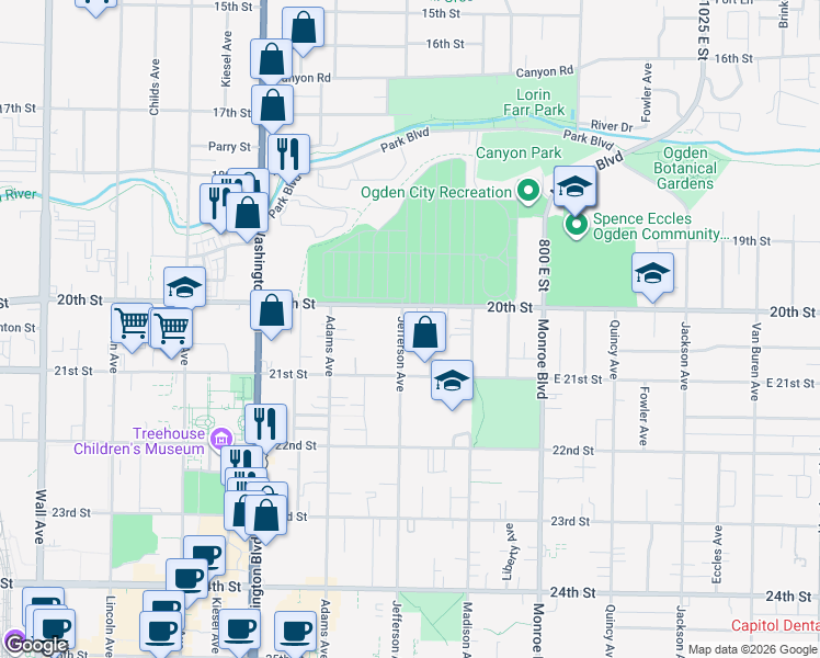map of restaurants, bars, coffee shops, grocery stores, and more near 2026 Jefferson Avenue in Ogden