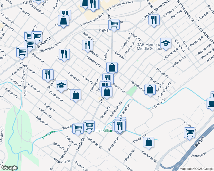 map of restaurants, bars, coffee shops, grocery stores, and more near 391 Hazle Street in Wilkes-Barre