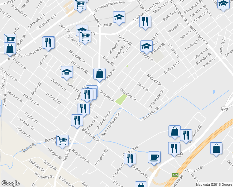 map of restaurants, bars, coffee shops, grocery stores, and more near 478 South Grant Street in Wilkes-Barre