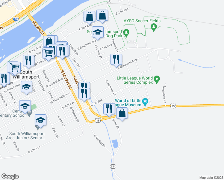 map of restaurants, bars, coffee shops, grocery stores, and more near Grandview Place in South Williamsport