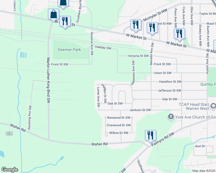 map of restaurants, bars, coffee shops, grocery stores, and more near 2497 Hamilton Street Southwest in Warren