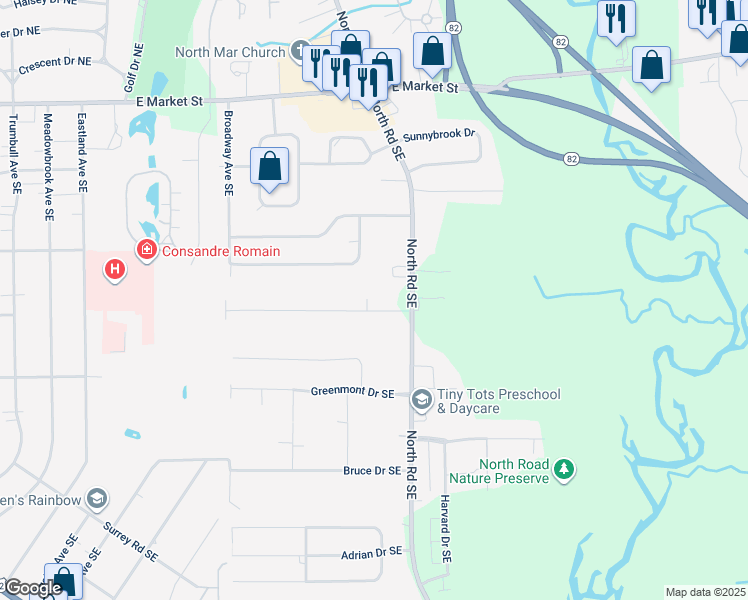 map of restaurants, bars, coffee shops, grocery stores, and more near 4063 Devon Street Southeast in Warren