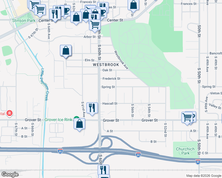 map of restaurants, bars, coffee shops, grocery stores, and more near 5817 Spring Street in Omaha