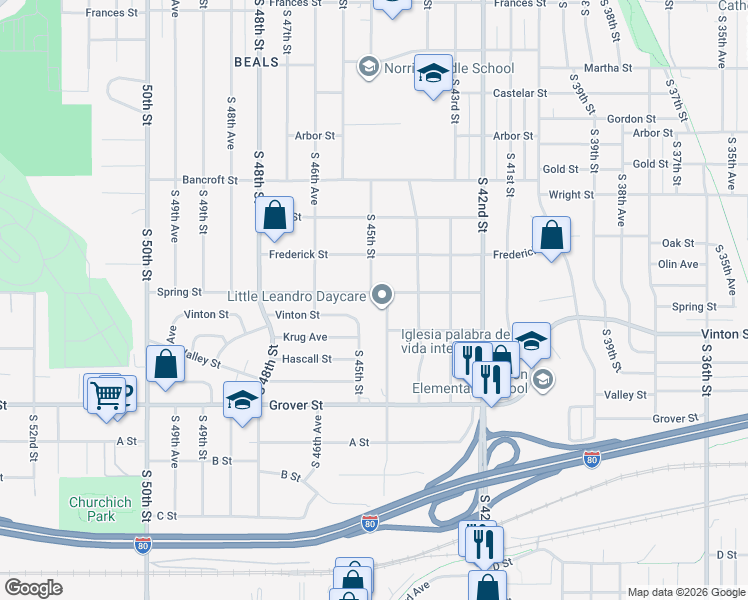 map of restaurants, bars, coffee shops, grocery stores, and more near 4441 Spring Street in Omaha
