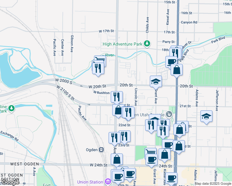 map of restaurants, bars, coffee shops, grocery stores, and more near 112 West Rushton Street in Ogden
