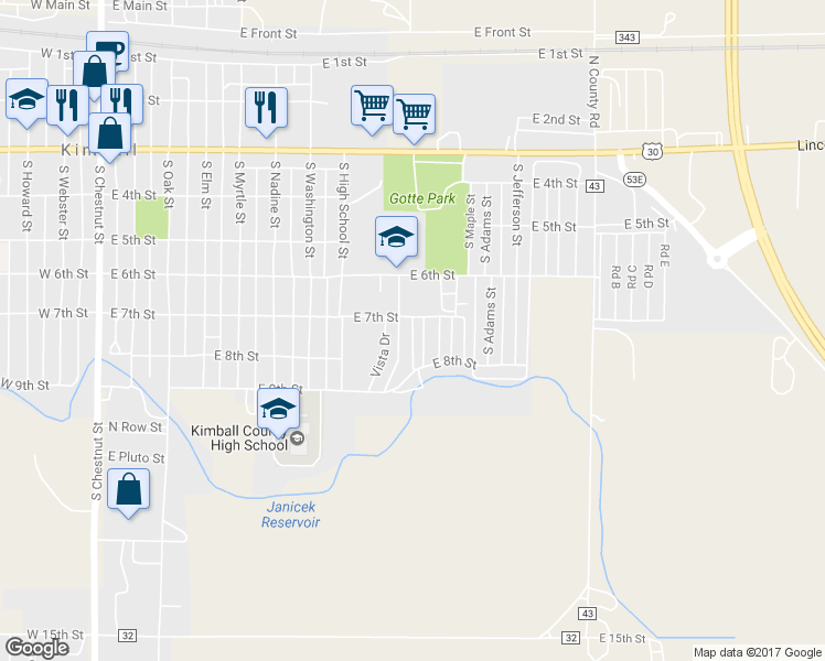 map of restaurants, bars, coffee shops, grocery stores, and more near 717 Evergreen Street in Kimball
