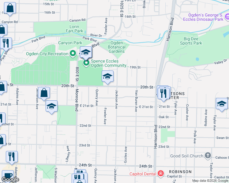 map of restaurants, bars, coffee shops, grocery stores, and more near 2017 Jackson Avenue in Ogden