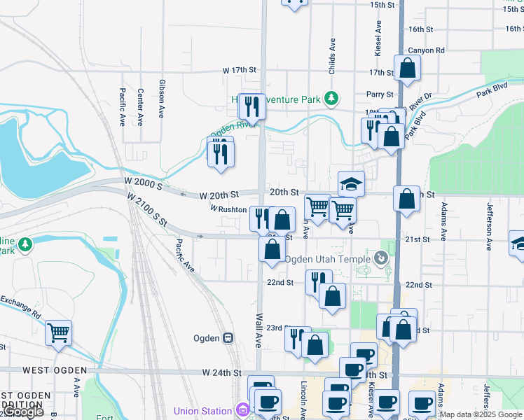 map of restaurants, bars, coffee shops, grocery stores, and more near 100 Rushton Street in Ogden